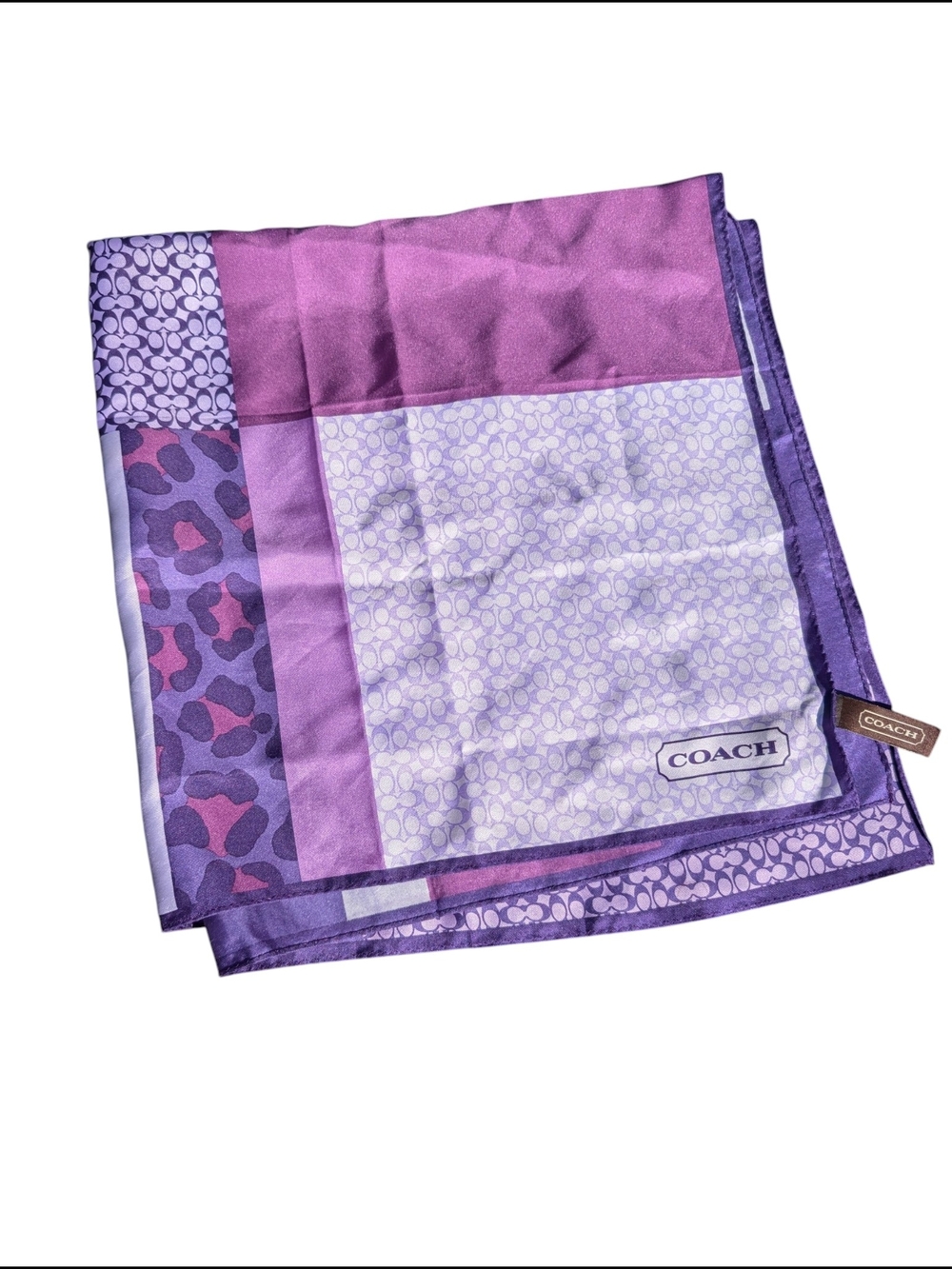 Coach Purple Logo Print Square Silk Scarf and Box